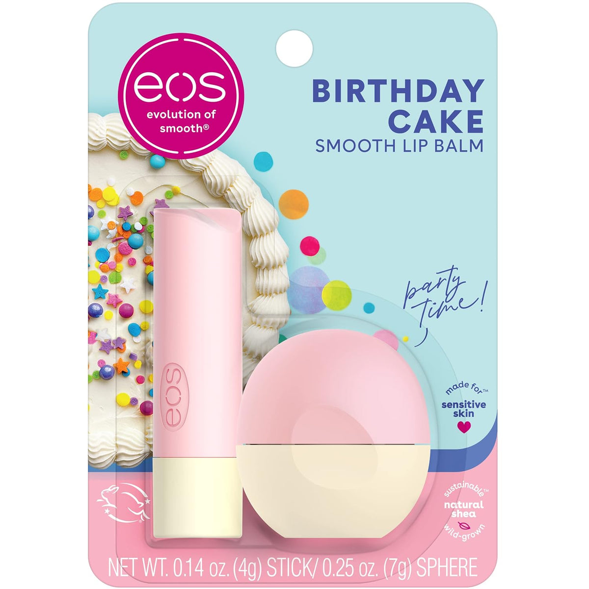EOS Birthday Cake lip balm packaging with pink and white design on a light blue background