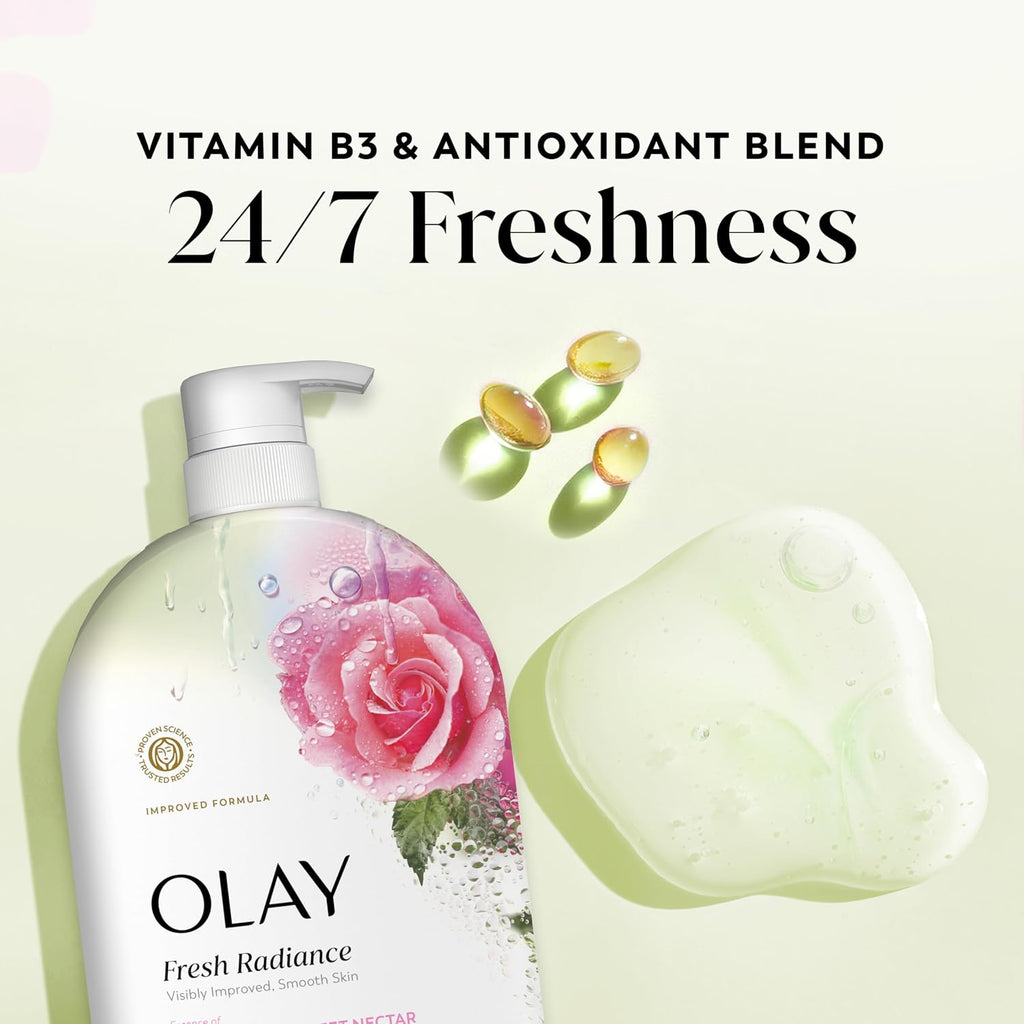 Olay Fresh Radiance bottle with a rose design on a light green background, featuring text about vitamin B3 and antioxidant blend.