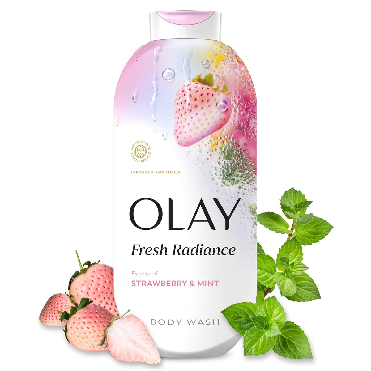 Olay Fresh Radiance body wash bottle in Strawberry & Mint scent, decorated with fresh strawberries and mint leaves on a white background.
