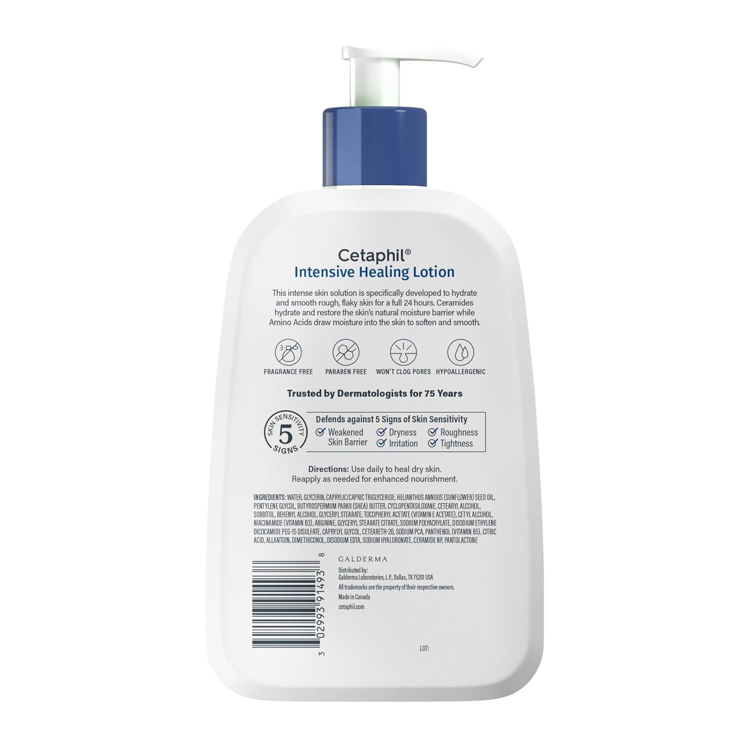 A white bottle of Cetaphil Intensive Healing Lotion with a blue pump dispenser, shown from the back on a white background.