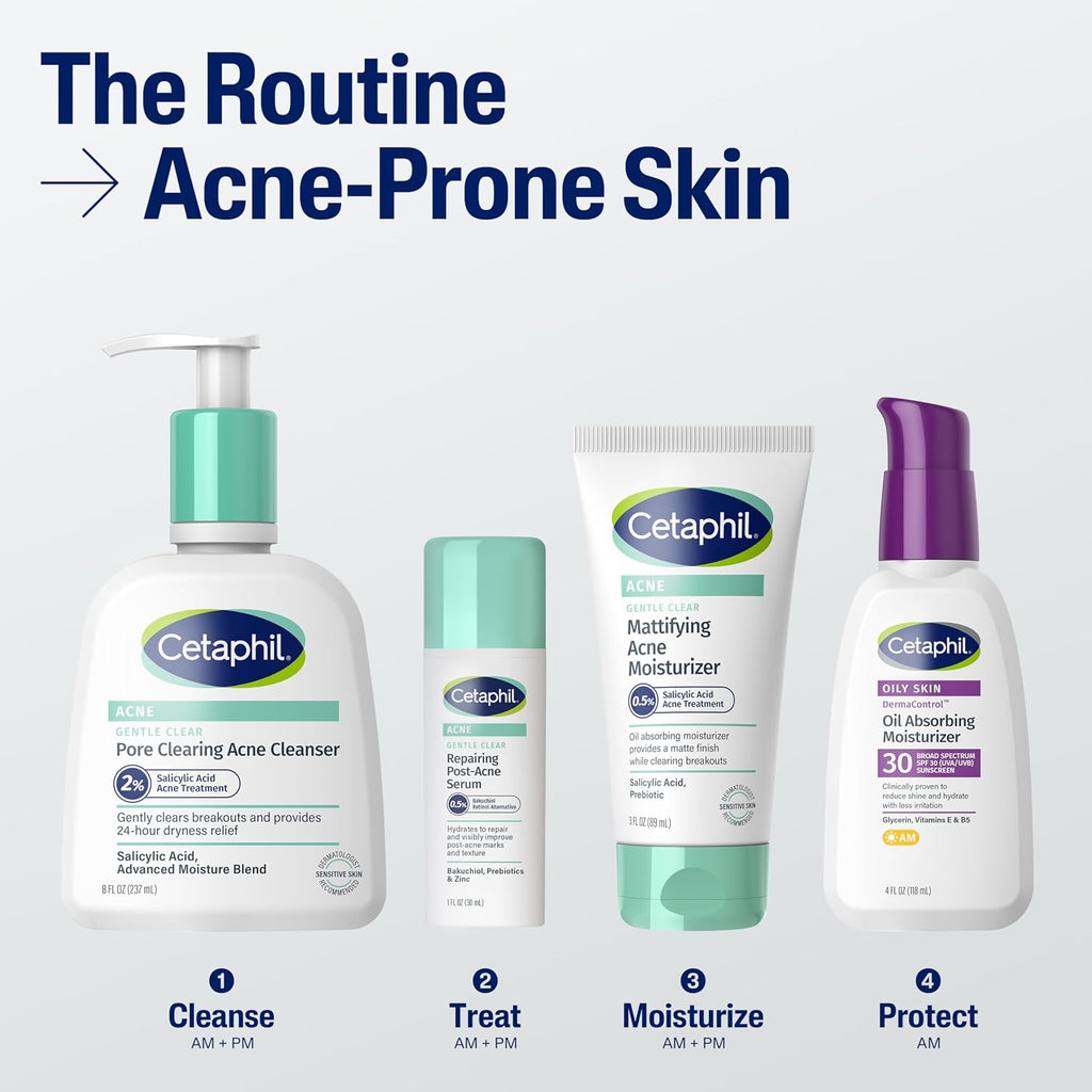 Cetaphil skincare products for acne-prone skin on a white background