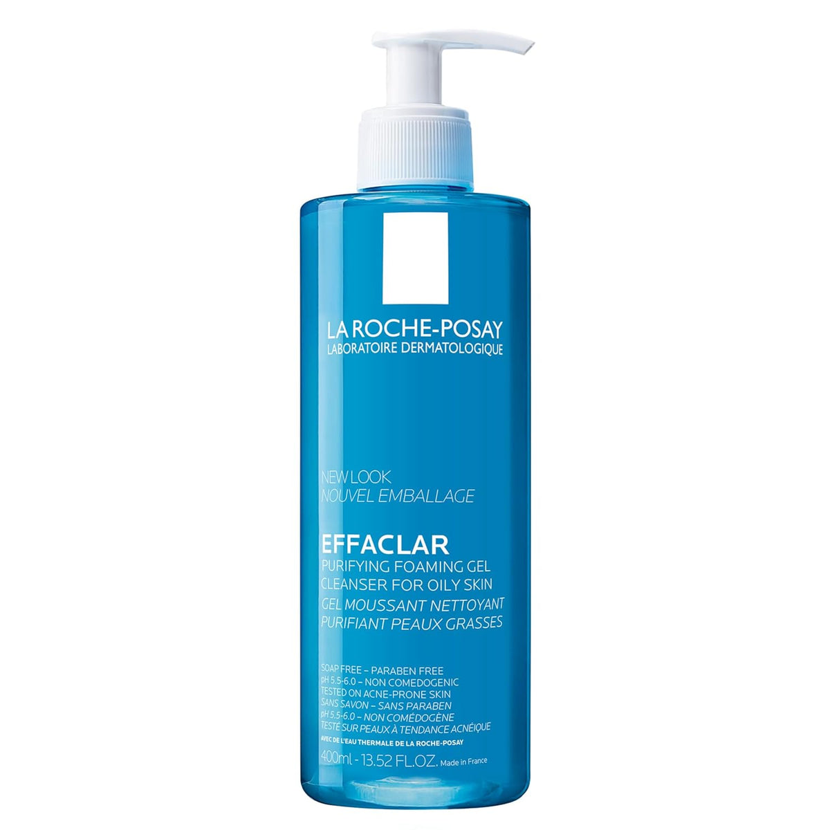Blue bottle of La Roche-Posay Effaclar on a white background
