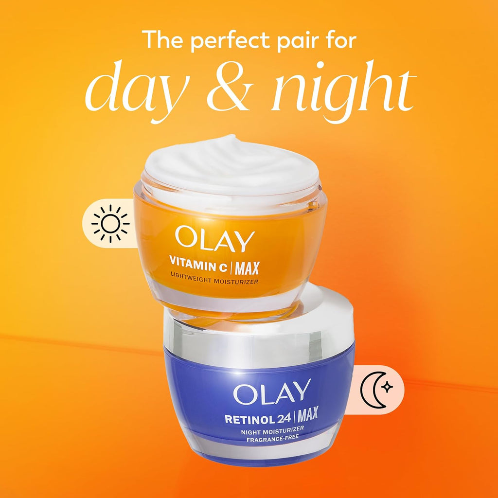 Two Olay skincare jars stacked together on an orange gradient background with white text reading 'The perfect pair for day & night.' The top jar is a translucent orange-toned Vitamin C Max cream jar with white cream visible, and the bottom jar is a blue Retinol 24 Max night moisturizer jar with a silver lid.