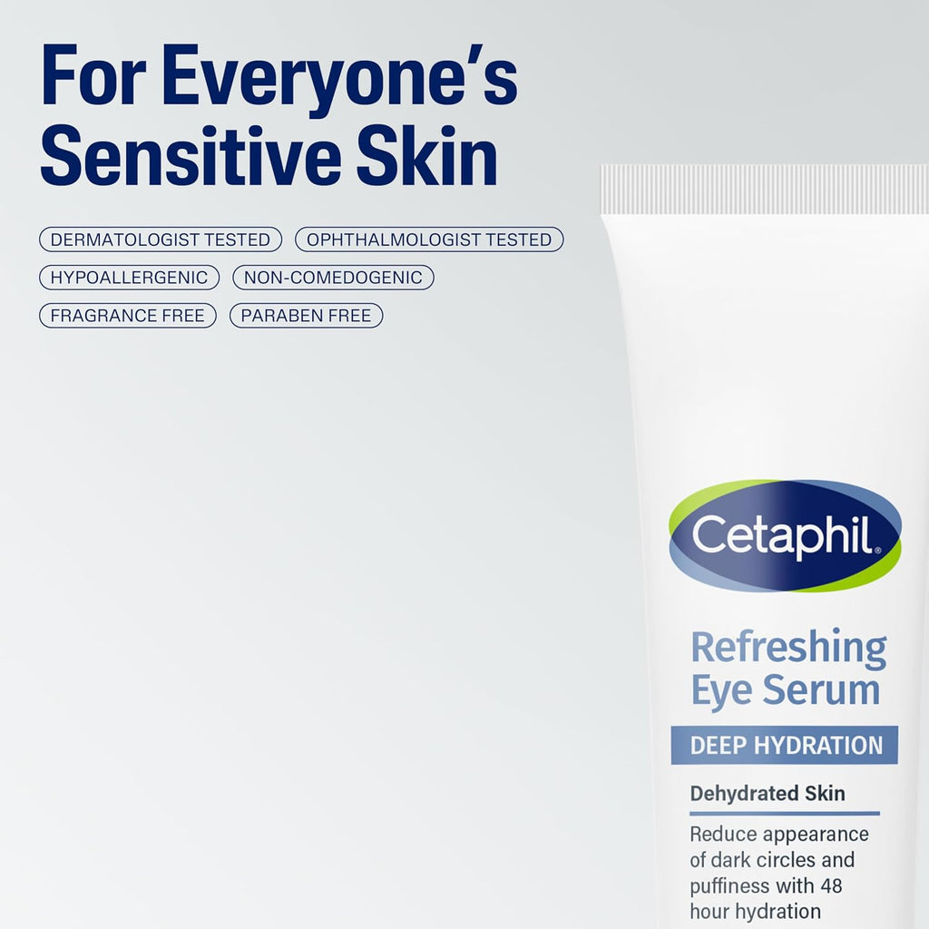 Cetaphil Refreshing Eye Serum tube on a light gray background with marketing text reading 'For Everyone's Sensitive Skin' and product details including 'Deep Hydration' and 'Dehydrated Skin.'.