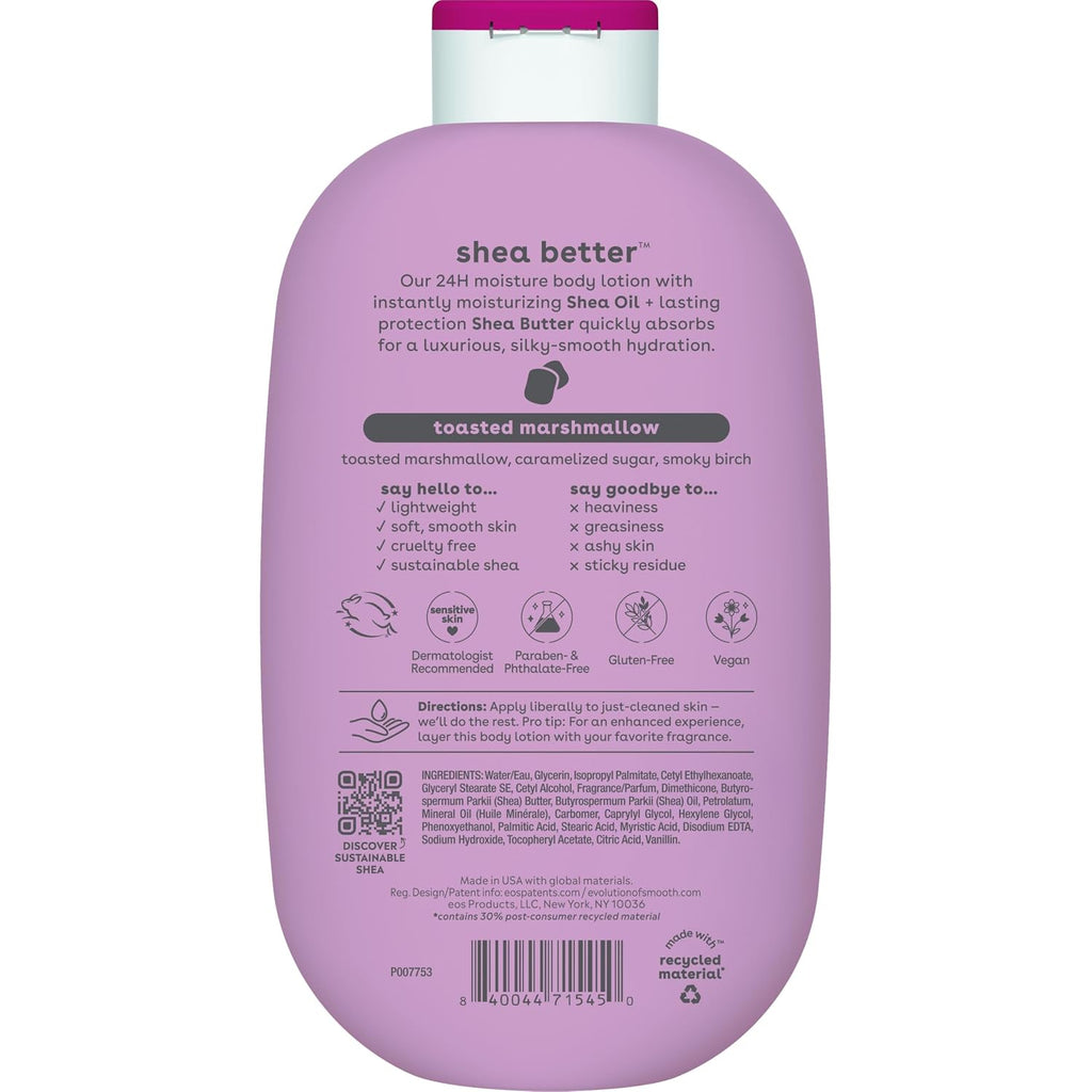 Back view of a lavender purple bottle of Shea Better Moisture Lotion in the toasted marshmallow scent, featuring product details, ingredients, and a barcode on a white background.