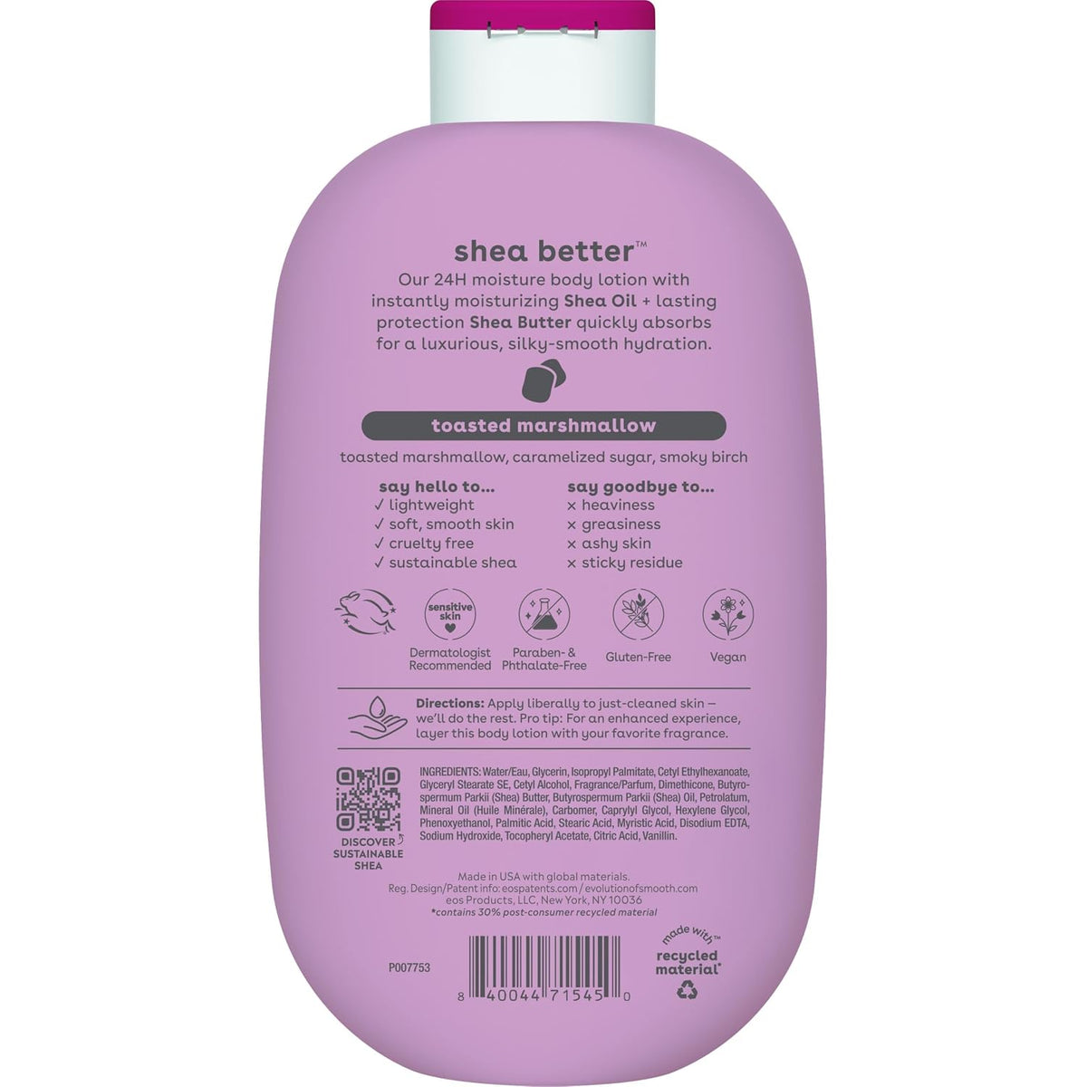 Back view of a lavender purple bottle of Shea Better Moisture Lotion in the toasted marshmallow scent, featuring product details, ingredients, and a barcode on a white background.
