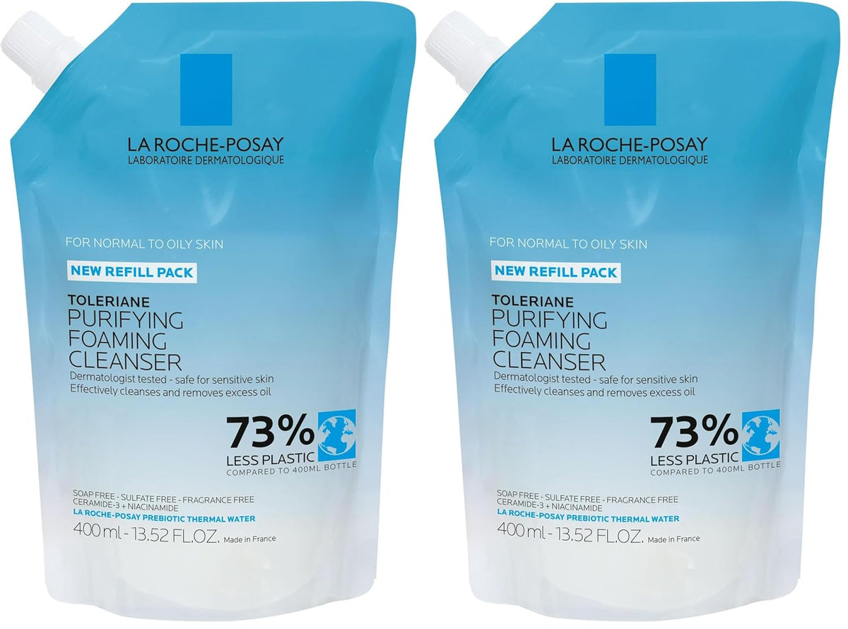 Two 400 ml refill packs of La Roche-Posay Toleriane Purifying Foaming Cleanser, shown side-by-side against a plain white background.