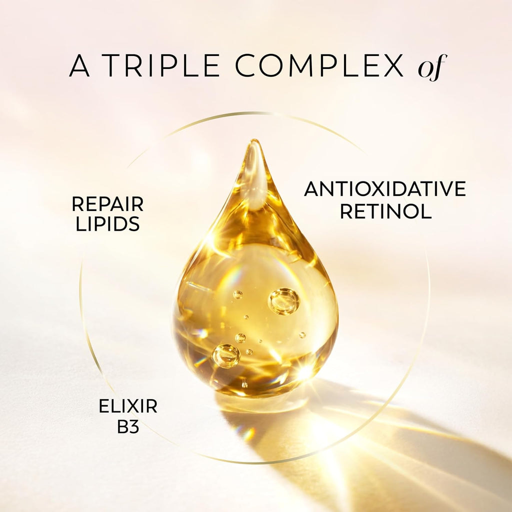 A golden translucent teardrop-shaped cosmetic droplet centered on a warm cream background, with text reading 'A TRIPLE COMPLEX of' and callouts 'REPAIR LIPIDS,' 'ANTIOXIDATIVE RETINOL,' and 'ELIXIR B3.'.