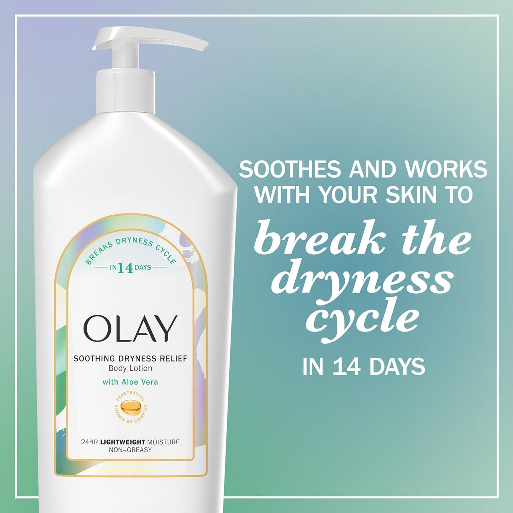 A large white pump bottle of Olay Soothing Dryness Relief Body Lotion shown on the left, with promotional text on the right reading 'SOOTHES AND WORKS WITH YOUR SKIN TO break the dryness cycle IN 14 DAYS' against a soft blue-green gradient background.