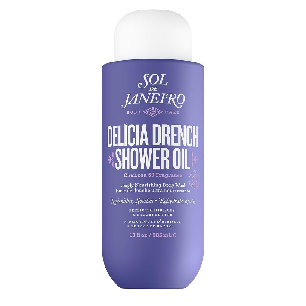A bottle of Sol de Janeiro Delicia Drench Shower Oil in Chairos 53 Fragrance, featuring a purple body with a white cap, on a solid white background.