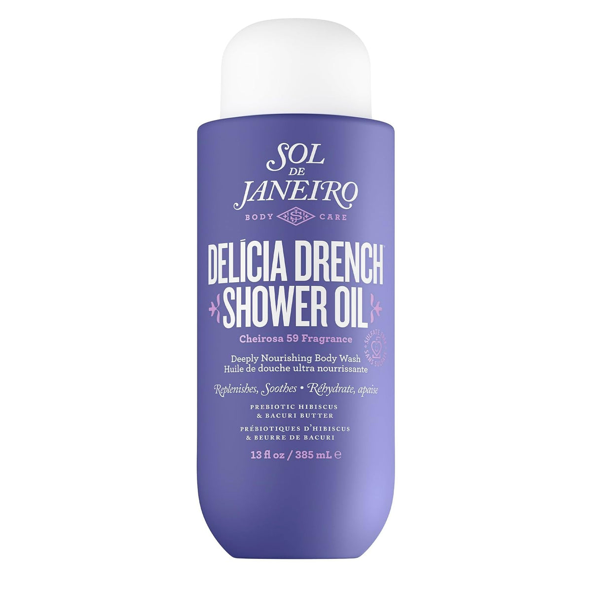 A bottle of Sol de Janeiro Delicia Drench Shower Oil in Chairos 53 Fragrance, featuring a purple body with a white cap, on a solid white background.