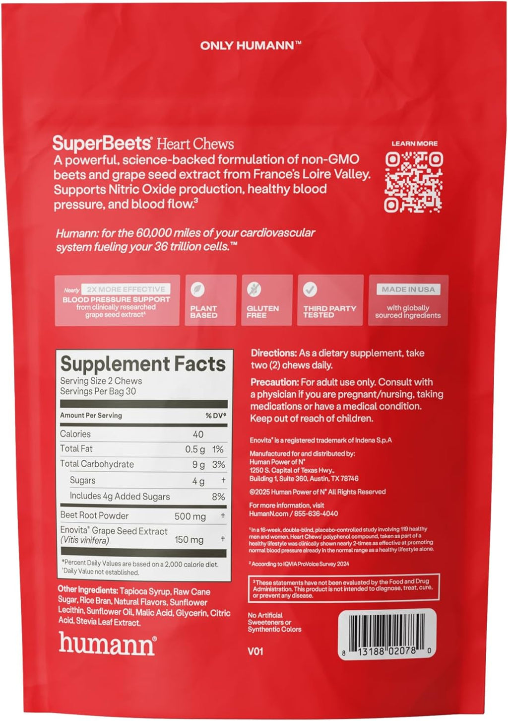 Humann SuperBeets Heart Chews, Nitric Oxide and Blood Pressure Support, Grape Seed Extract & Non-GMO Beet Root Powder Energy Supplement, Pomegranate Berry Flavor, 60 Count