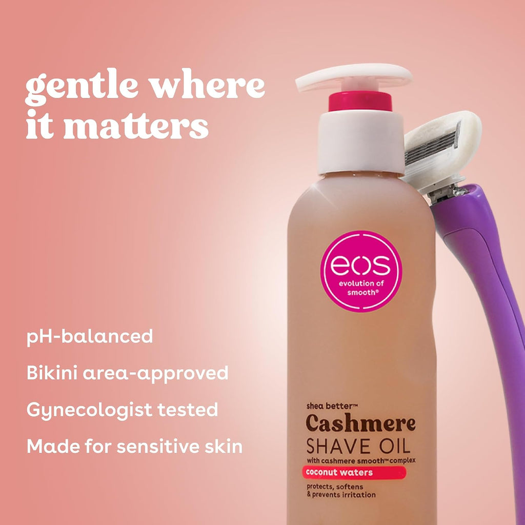 EOS Cashmere Shave Oil bottle with a pump dispenser next to a purple razor on a soft pink background with marketing text.
