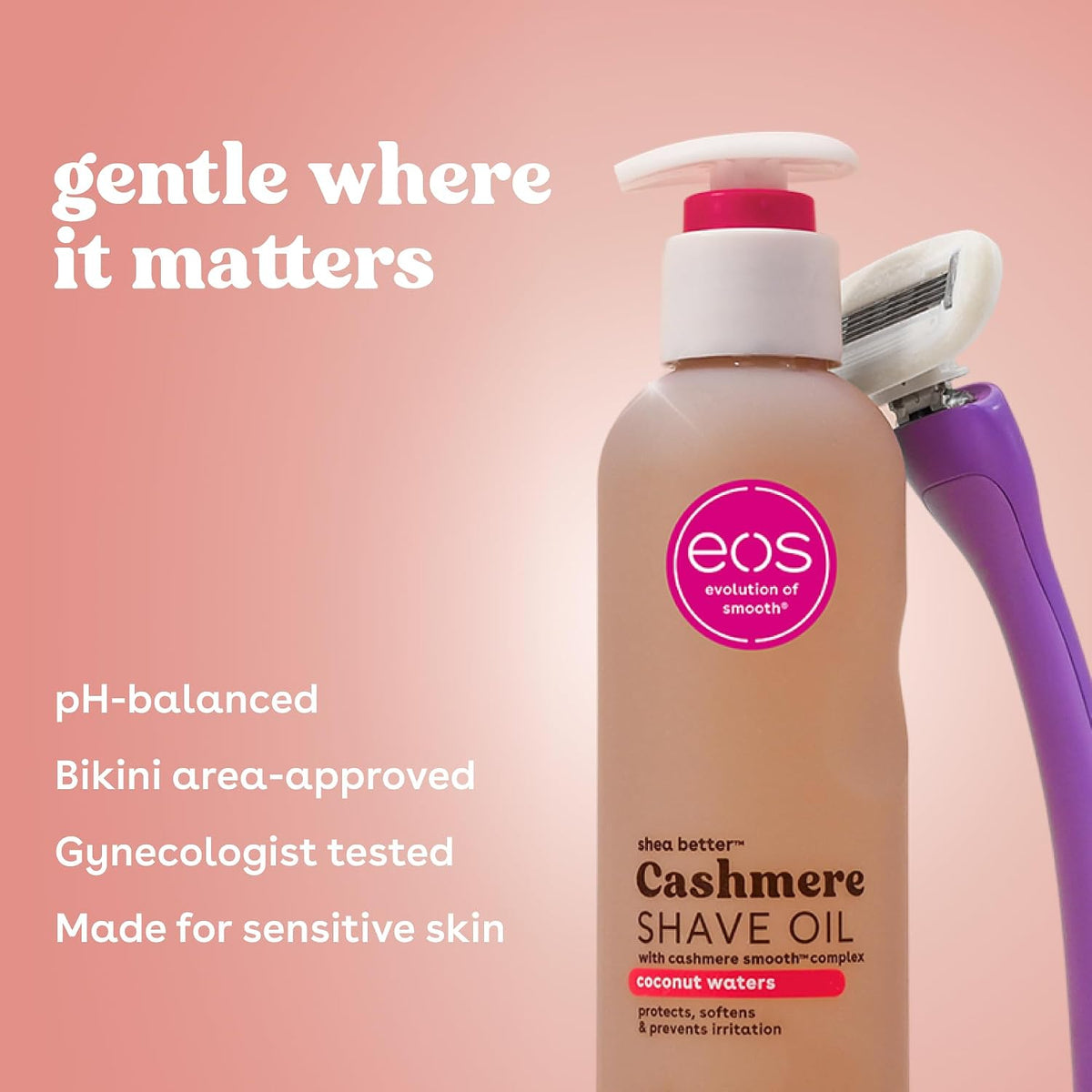 EOS Cashmere Shave Oil bottle with a pump dispenser next to a purple razor on a soft pink background with marketing text.