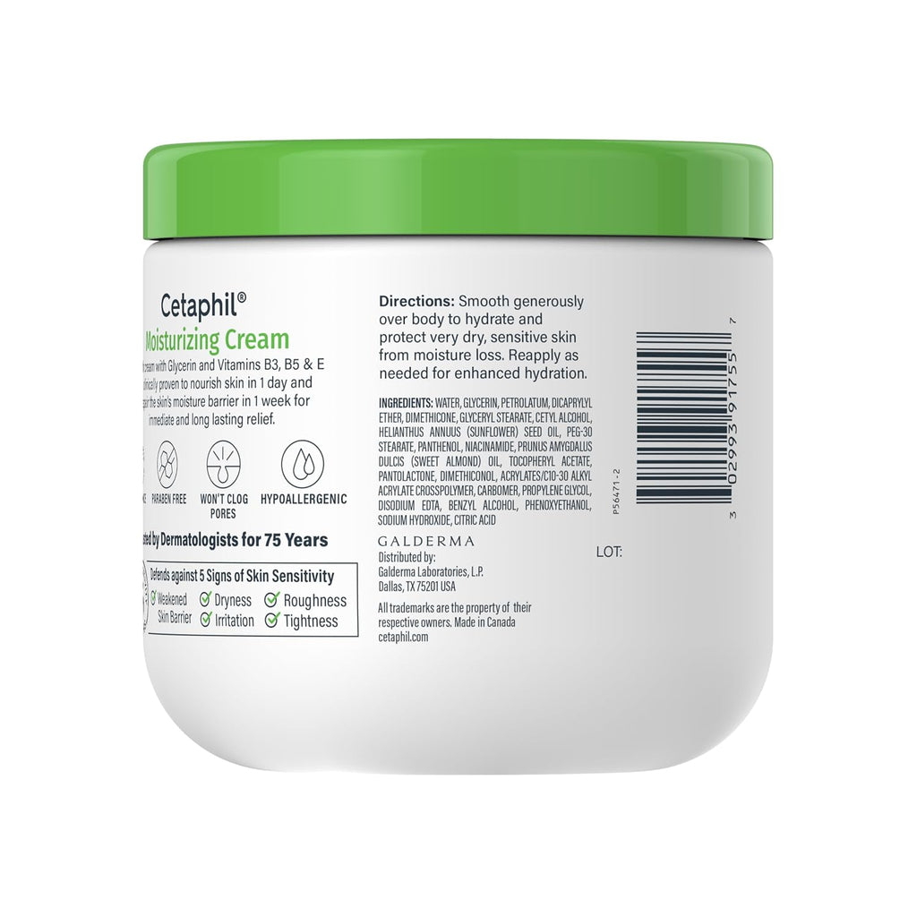 Cataphil moisturizing cream jar with green lid on a white background