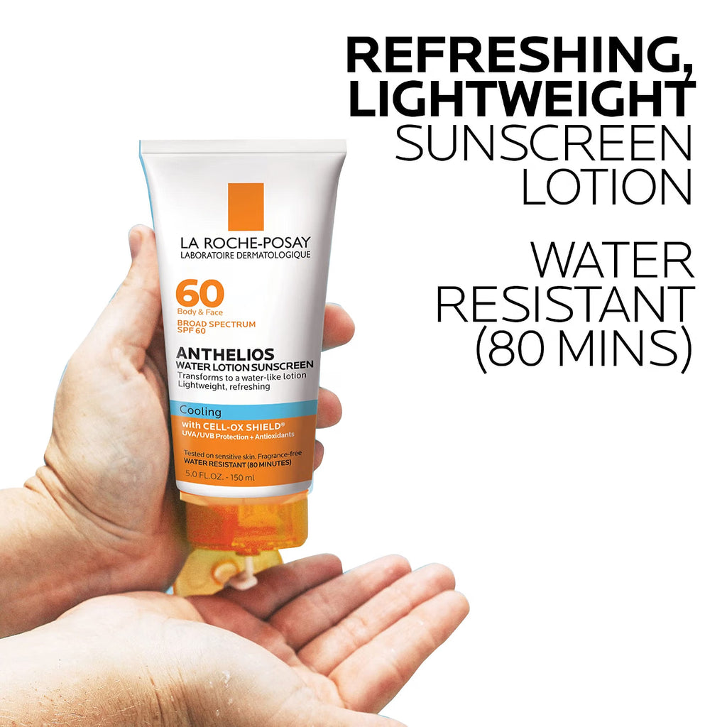 La Roche-Posay sunscreen lotion being held in a hand with product details displayed.