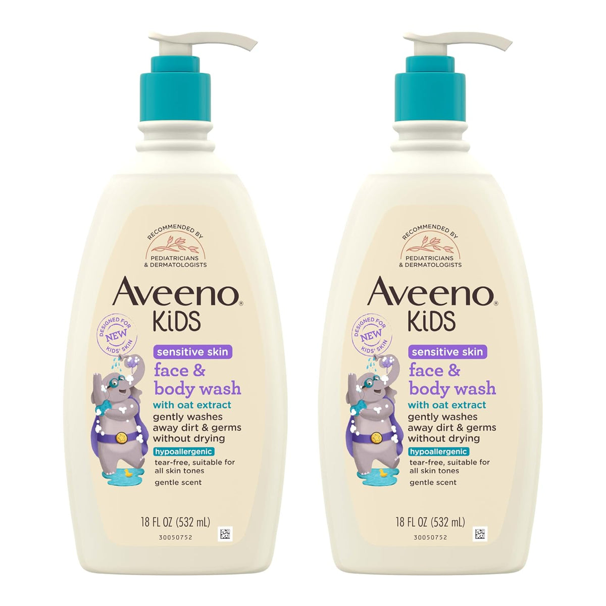 Two bottles of Aveeno Kids sensitive skin face and body wash on a white background