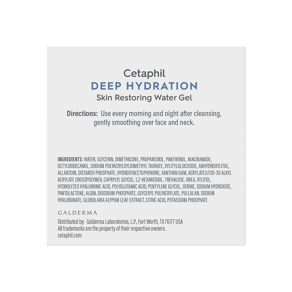 Cetaphil Deep Hydration Skin Restoring Water Gel packaging with directions and ingredients list on a white background.