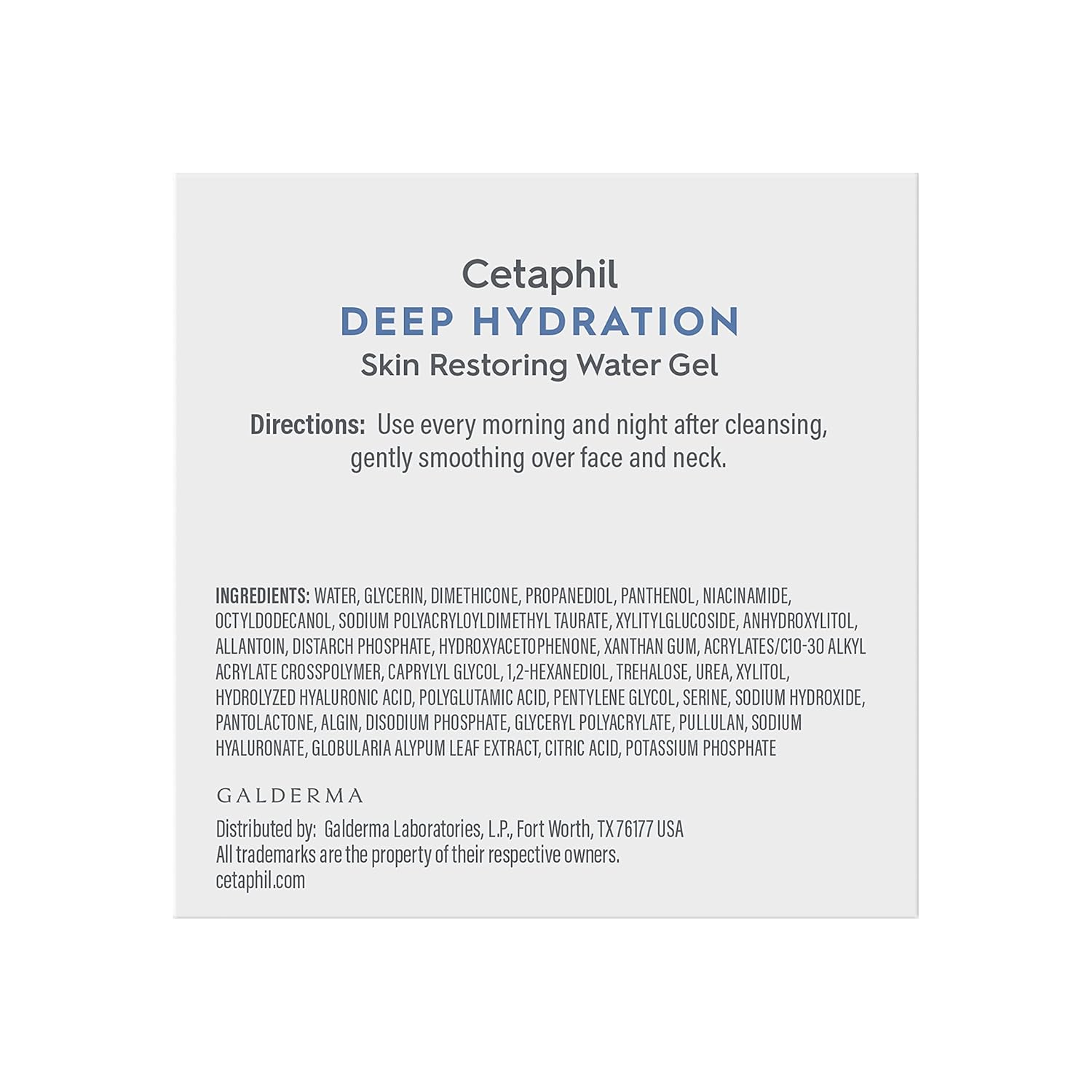 Cetaphil Deep Hydration Skin Restoring Water Gel packaging with directions and ingredients list on a white background.