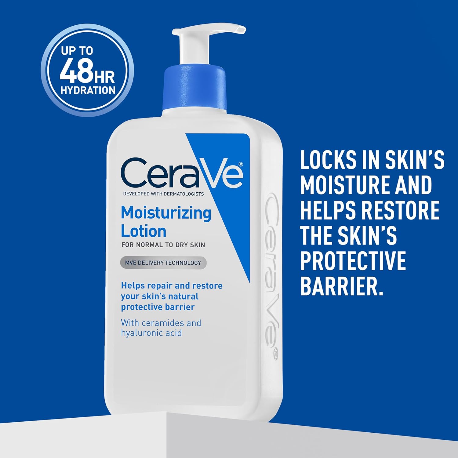 CeraVe moisturizing lotion bottle with text on a blue background