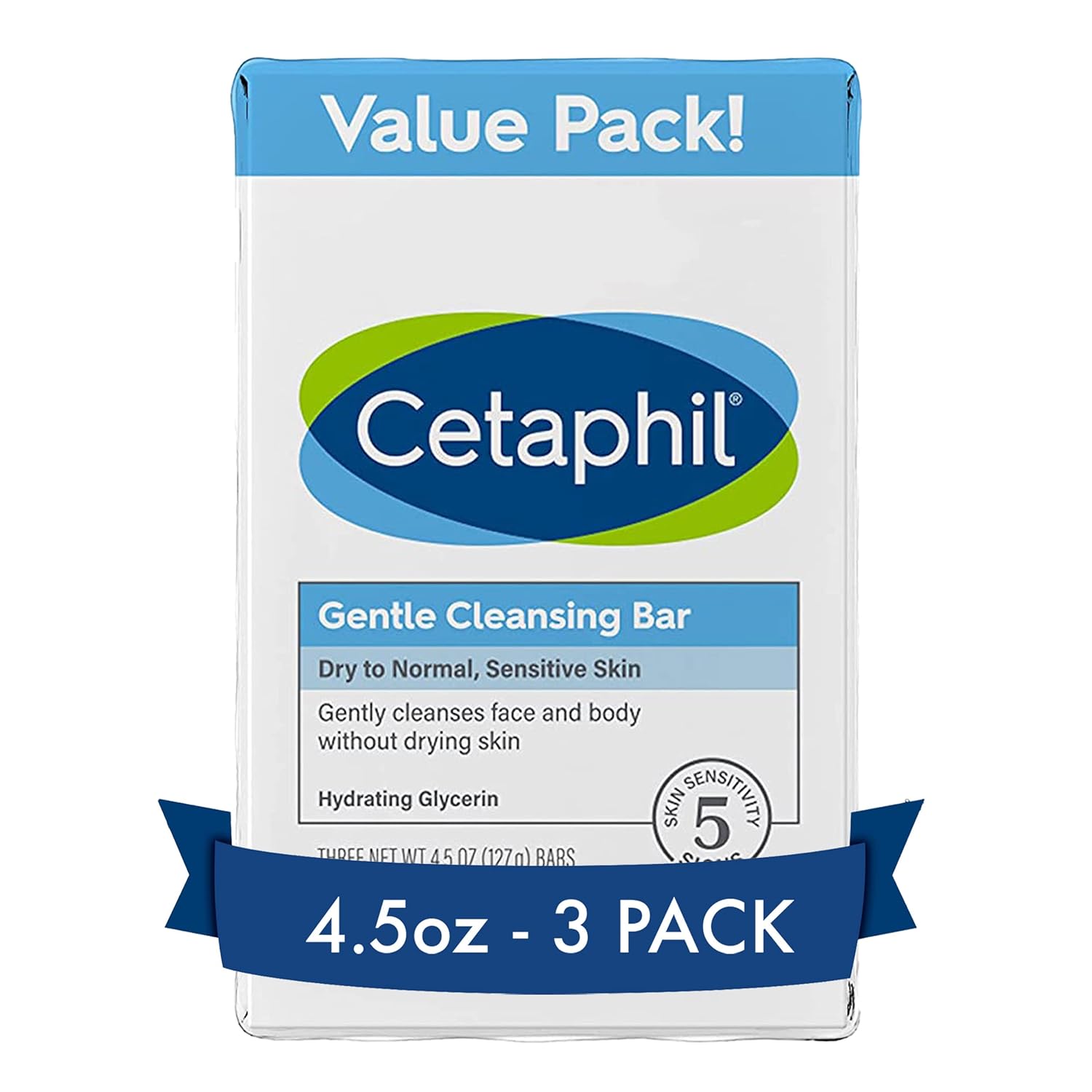 A 3-pack box of Cetaphil Gentle Cleansing Bar, 4.5oz each, featuring a white box with blue and green branding and a blue ribbon banner at the bottom that reads '4.
