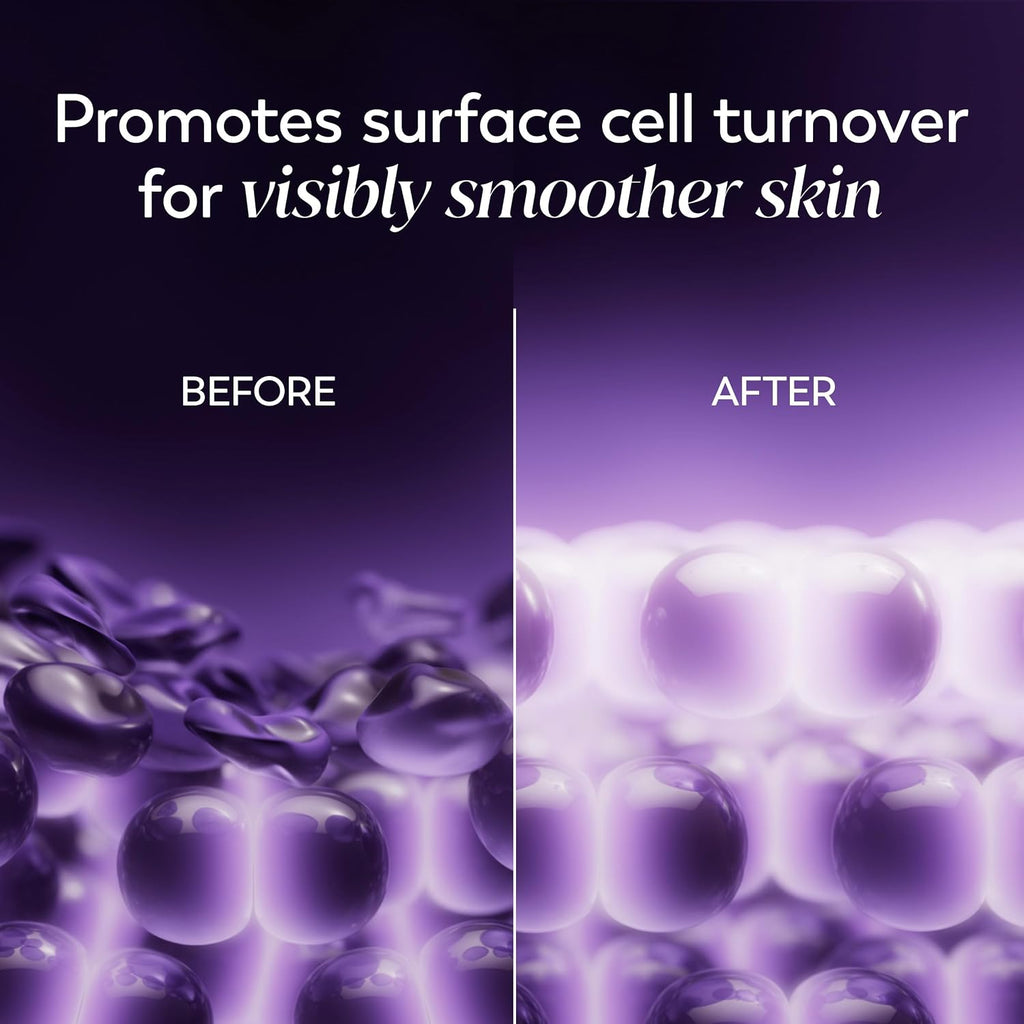 Before-and-after skincare graphic with the text 'Promotes surface cell turnover for visibly smoother skin' above a split purple-toned close-up of skin cells, labeled BEFORE on the left and AFTER on the right.