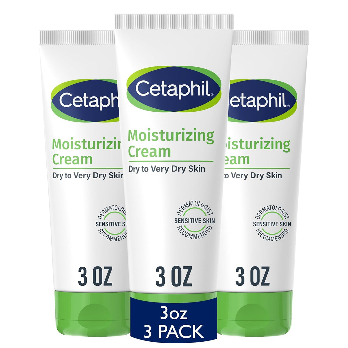 Three Cetaphil Moisturizing Cream 3 oz tubes arranged in a 3-pack bundle on a white background, with a blue banner at the bottom reading '3oz 3 PACK'.