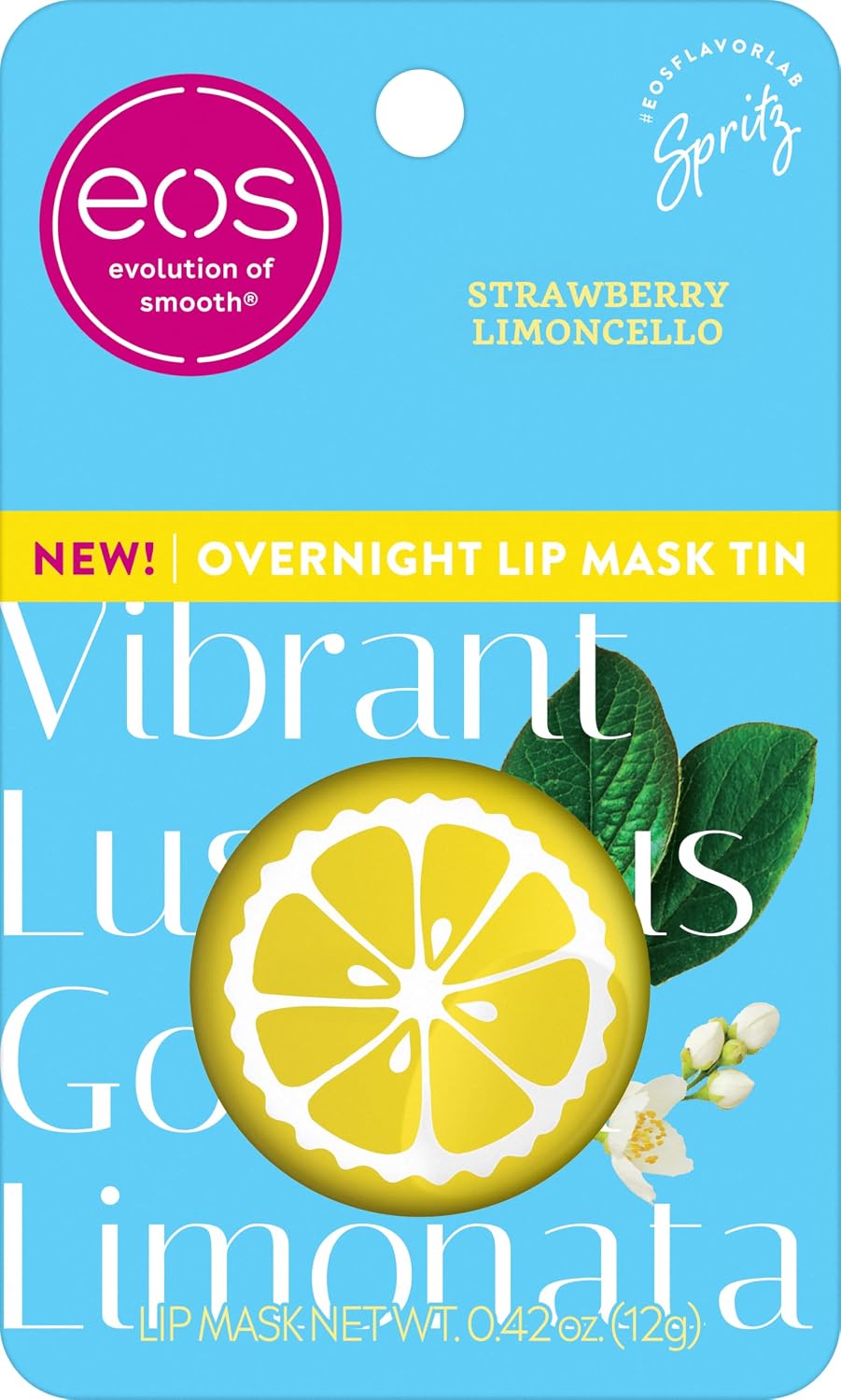 EOS Strawberry Limoncello lip balm packaging with lemon illustration on blue background
