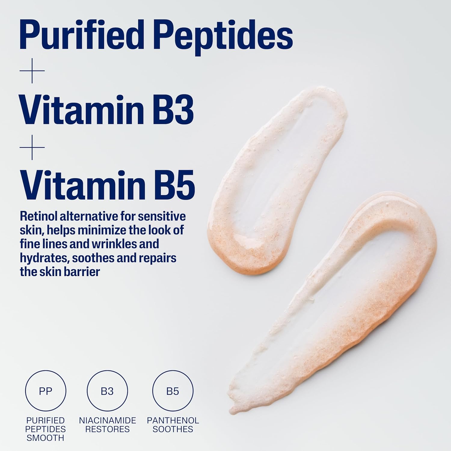 Product display with purified peptides, Vitamin B3, and Vitamin B5 on a light background