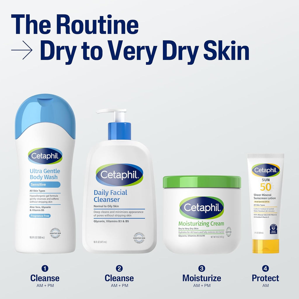Cetaphil skincare products for dry to very dry skin on a white background