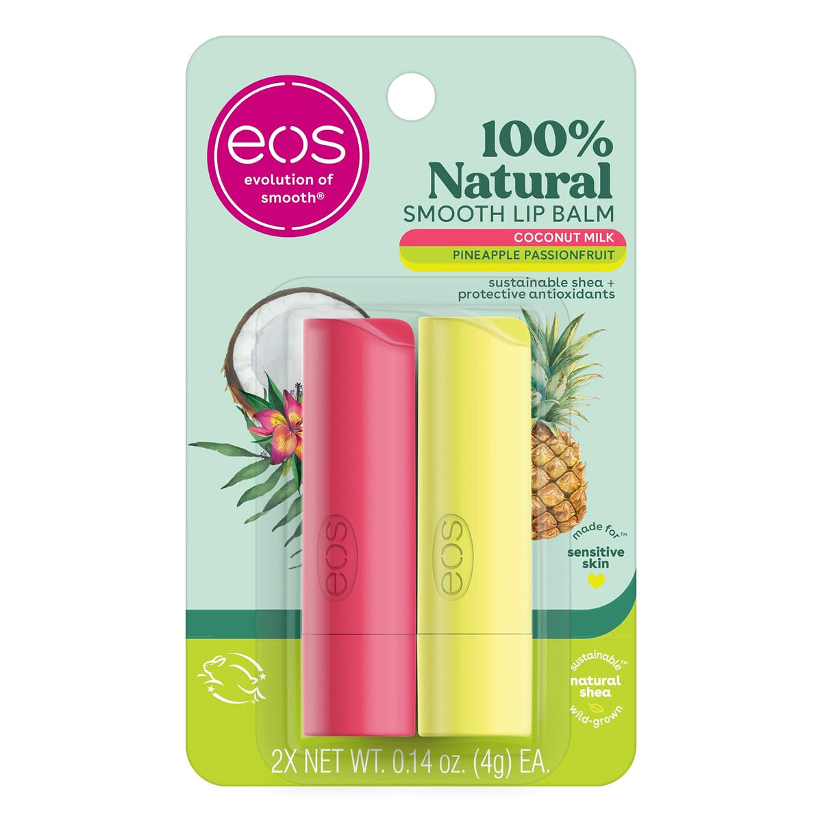 Two lip balms in pink and yellow packaging with 'eos' branding on a light green background.