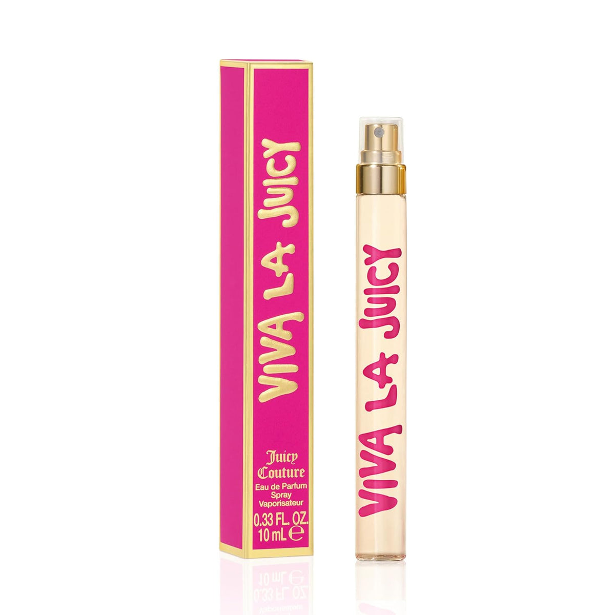 Juicy Couture VIVA LA JUICY Eau de Parfum 10 mL bottle next to its pink and gold packaging box on a white background.