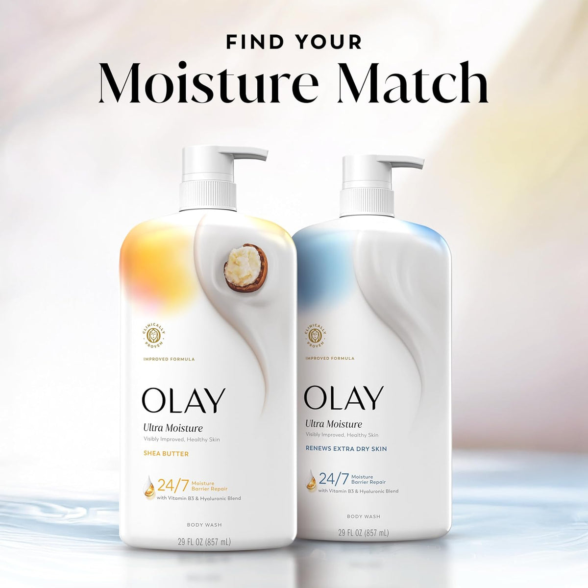 Two Olay Ultra Moisture body wash bottles on a soft white and beige background with the text 'FIND YOUR Moisture Match' above them. The left bottle is labeled Shea Butter with a warm yellow-orange gradient and cocoa bean graphic, and the right bottle is labeled Renew Extra Dry Skin with a light blue gradient.