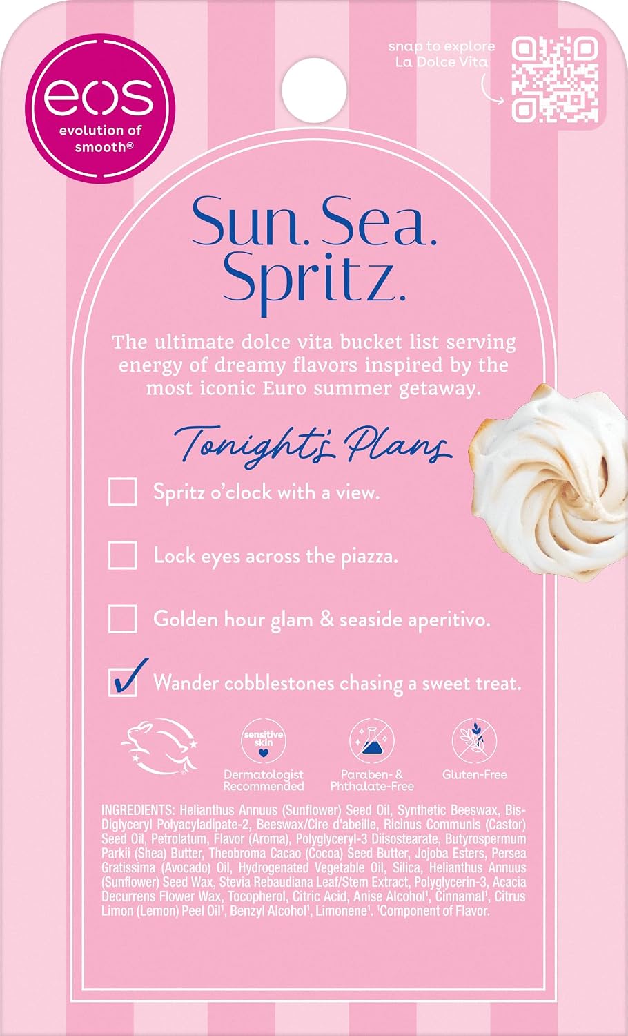 Pink packaging card for EOS Sun. Sea.