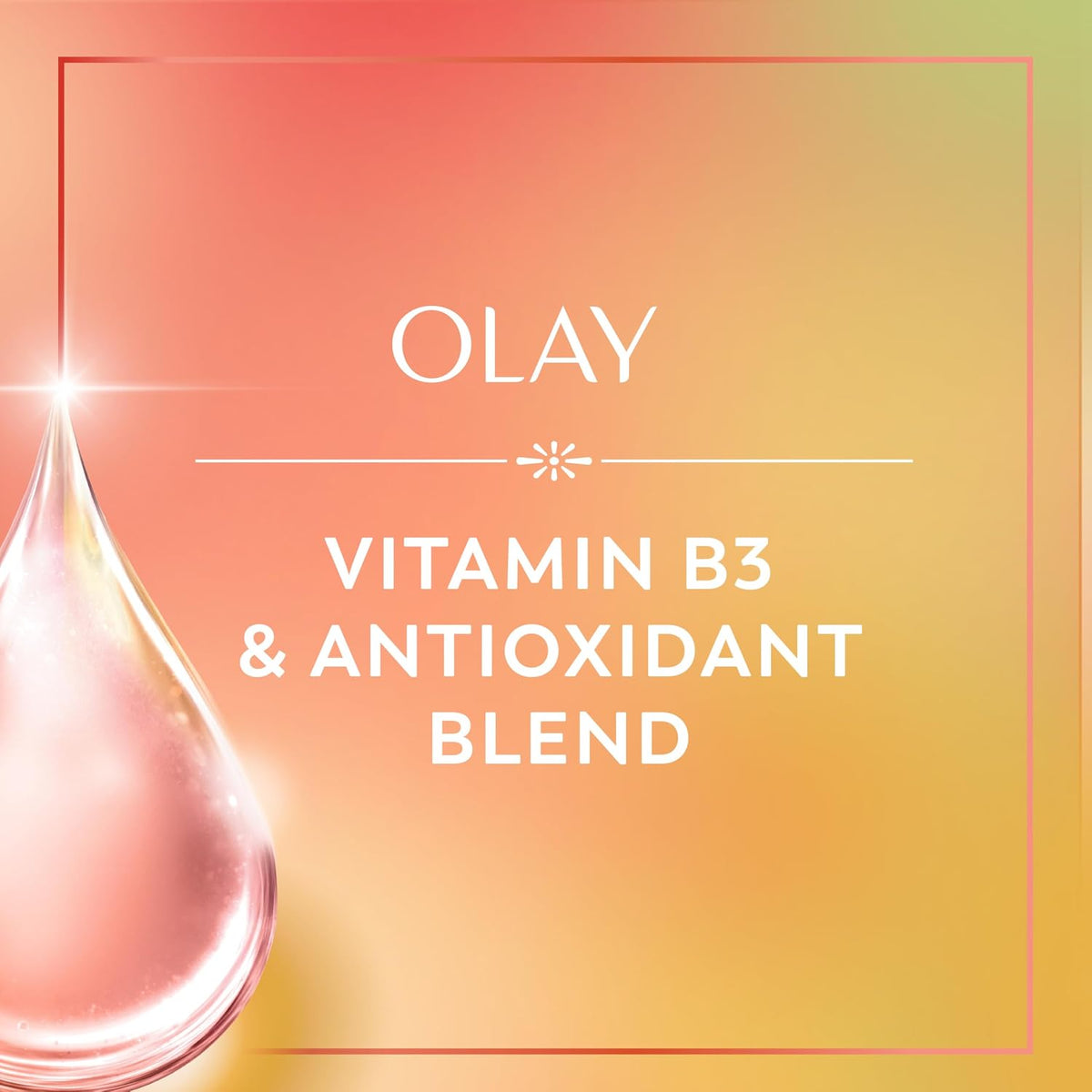 OLAY advertisement with a vitamin drop graphic on a gradient background