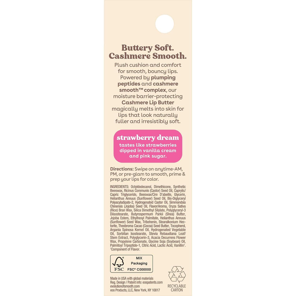 Back of a lip butter package showing product description, ingredients, directions, and recycling icons on a light beige background.