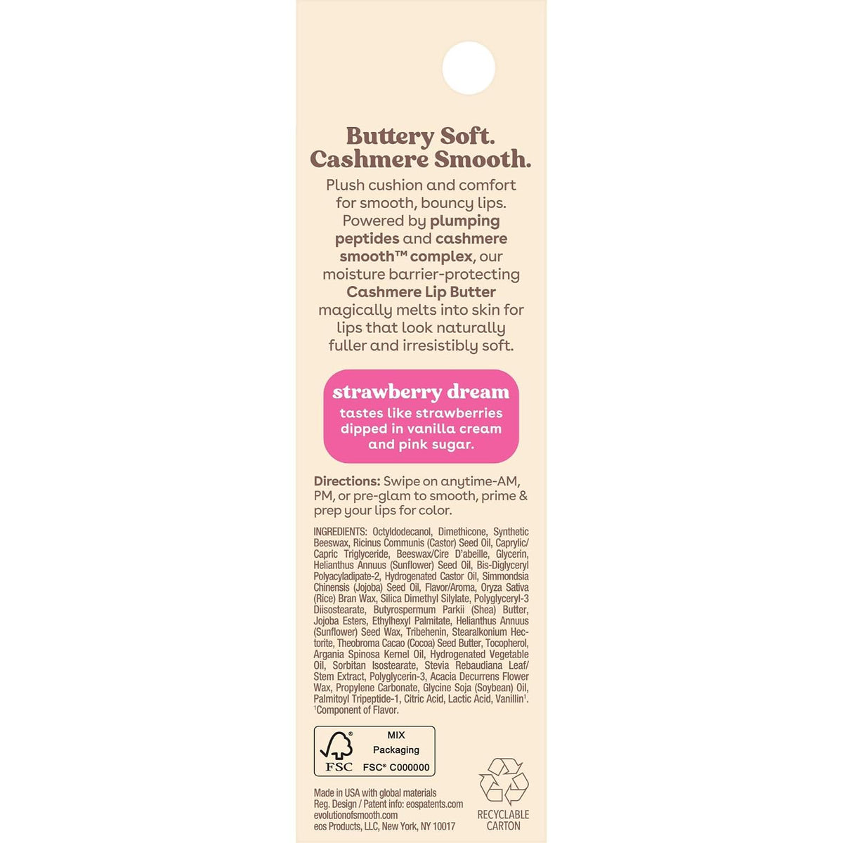 Back of a lip butter package showing product description, ingredients, directions, and recycling icons on a light beige background.