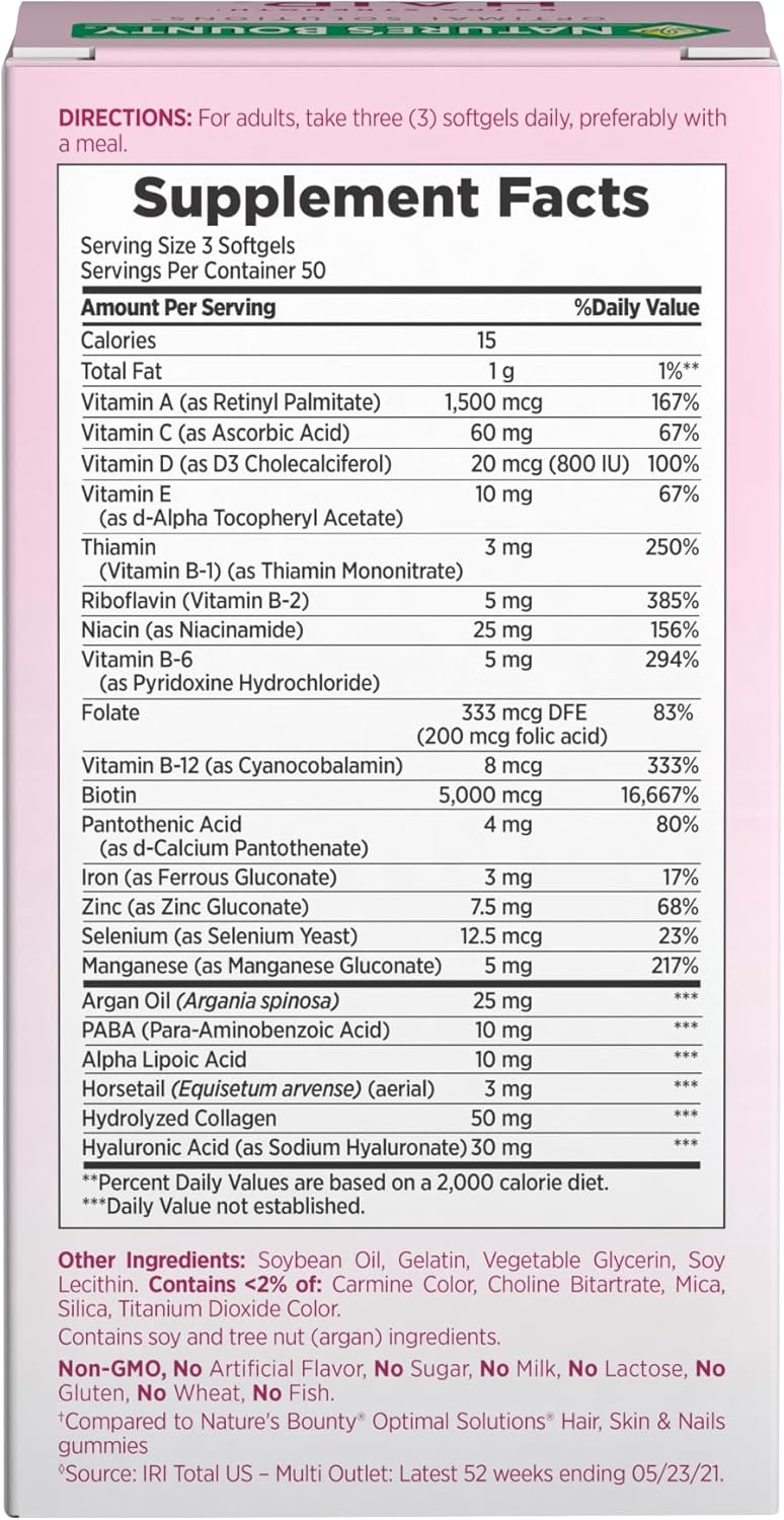 Nature's Bounty Advanced Hair, Skin & Nails, Argan-Infused Vitamin Supplement with Biotin and Hyaluronic Acid, 150 Rapid Release Softgels, 50 Total Servings