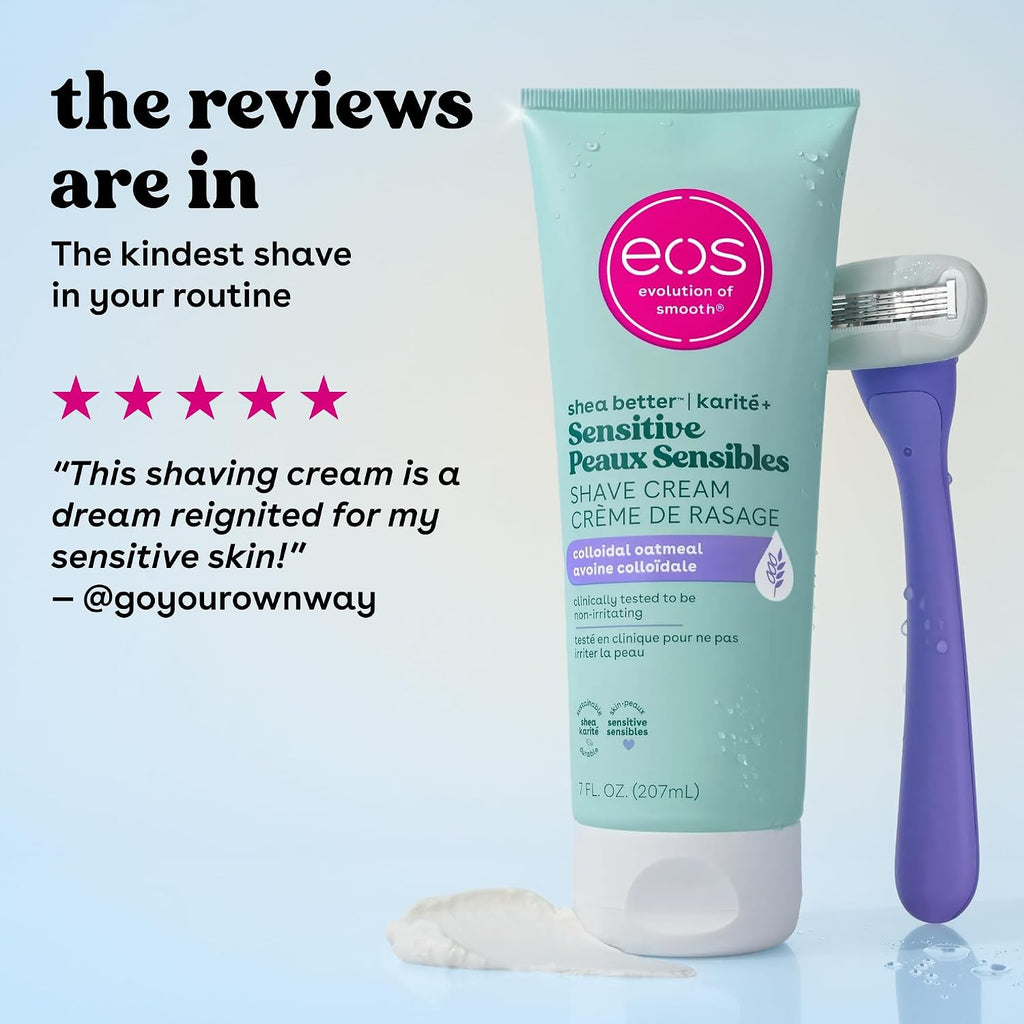 A 7 fl oz tube of EOS Sensitive Peaux Sensibles Shave Cream stands next to a purple and silver razor on a light blue background, with promotional text and a review quote on the left.