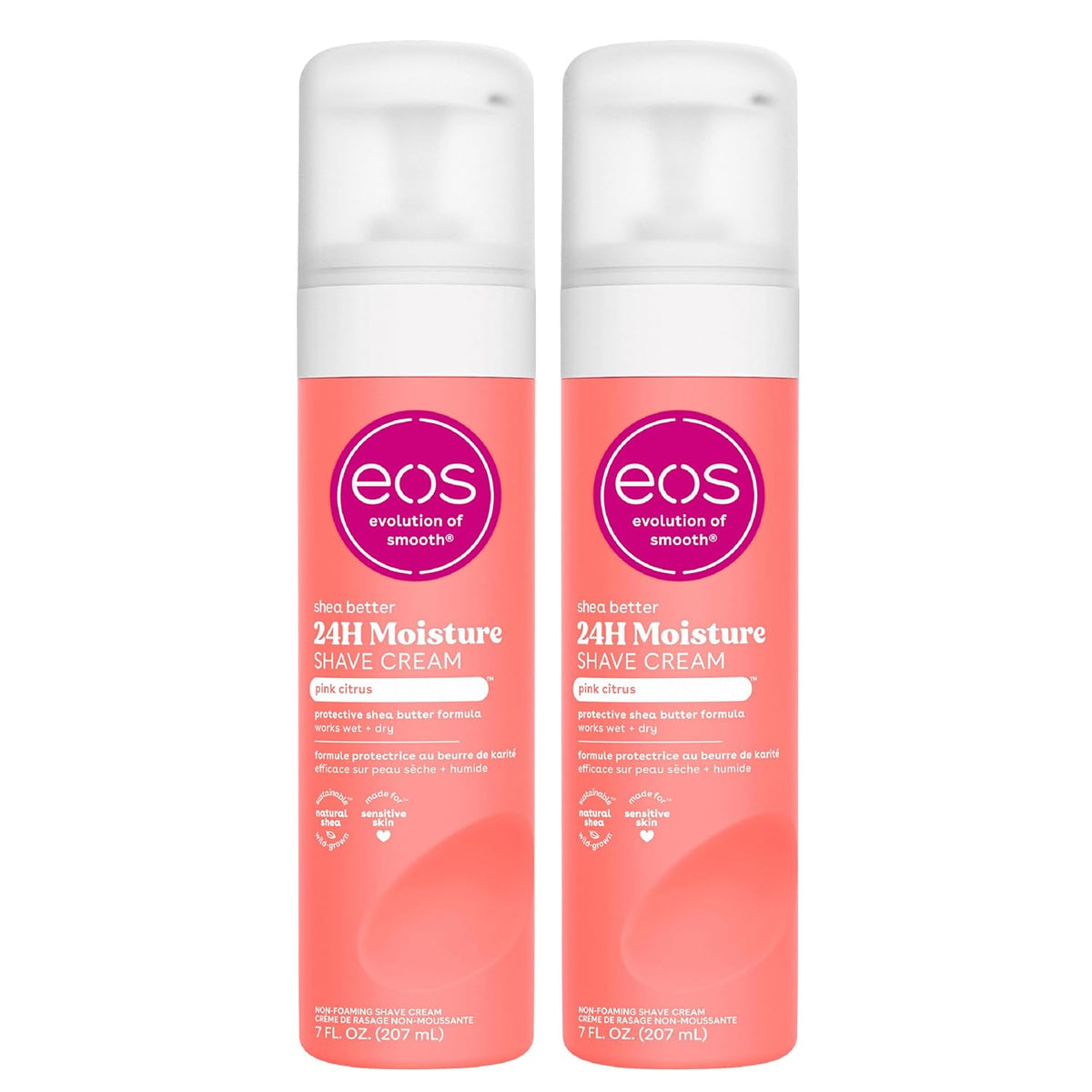 Two bottles of eos 24H Moisture Shave Cream on a white background