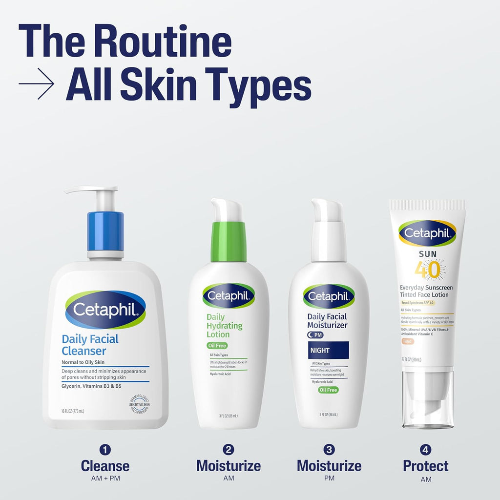 Cetaphil skincare products on a white background with text indicating the skincare routine.