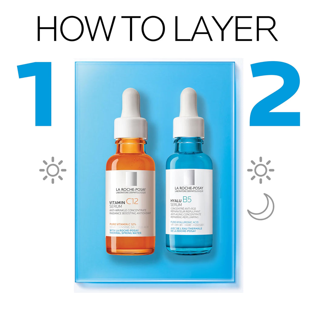 Two skincare serum bottles with labels on a blue background, indicating a step-by-step guide.