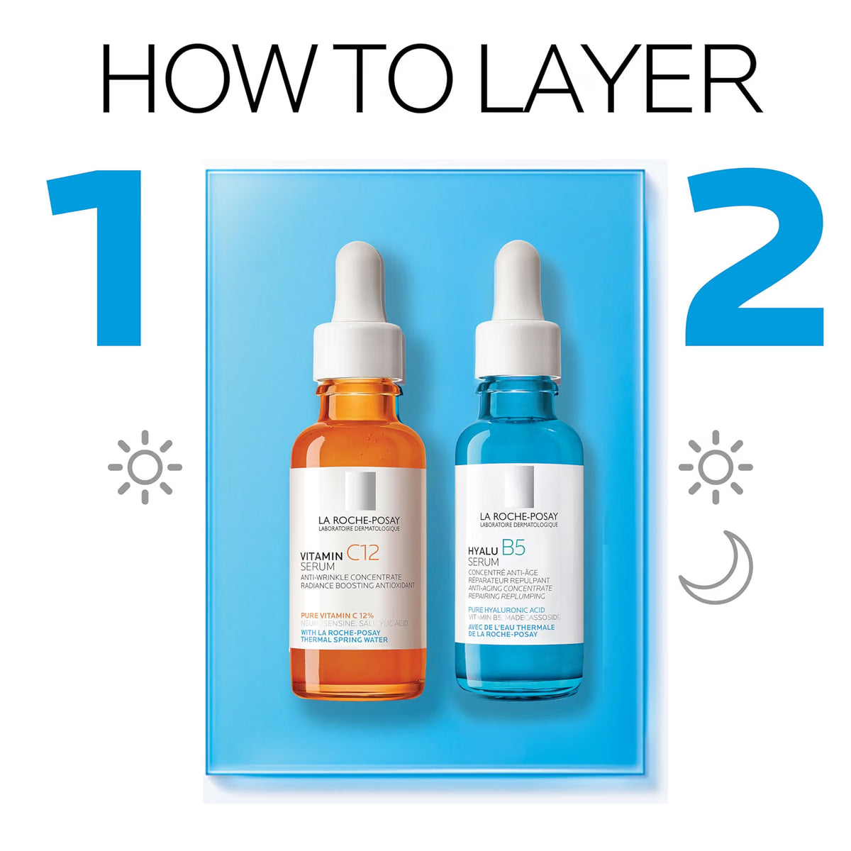 Two skincare serum bottles with labels on a blue background, indicating a step-by-step guide.