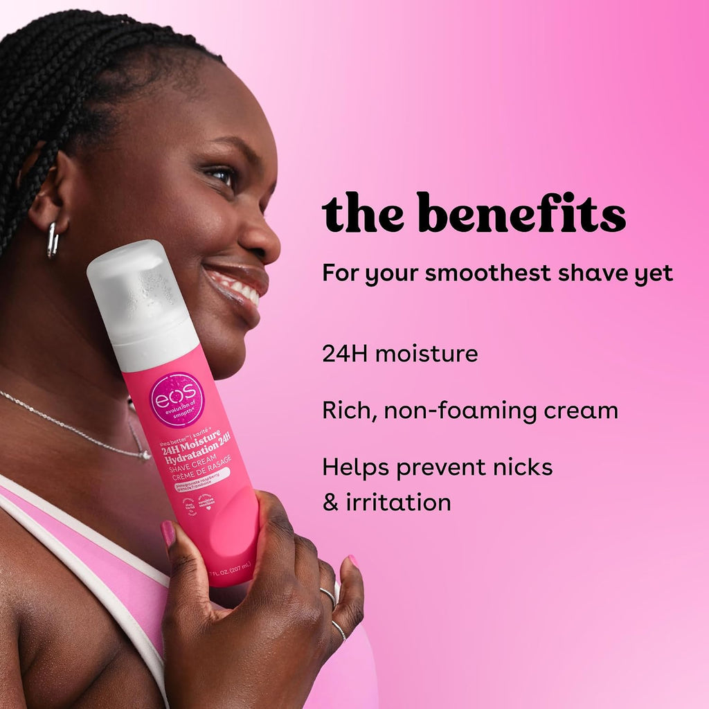 A woman holding a pink EOS Shave Men's Shave Cream bottle against a pink background with text highlighting benefits like 24H moisture and rich, non-foaming cream.