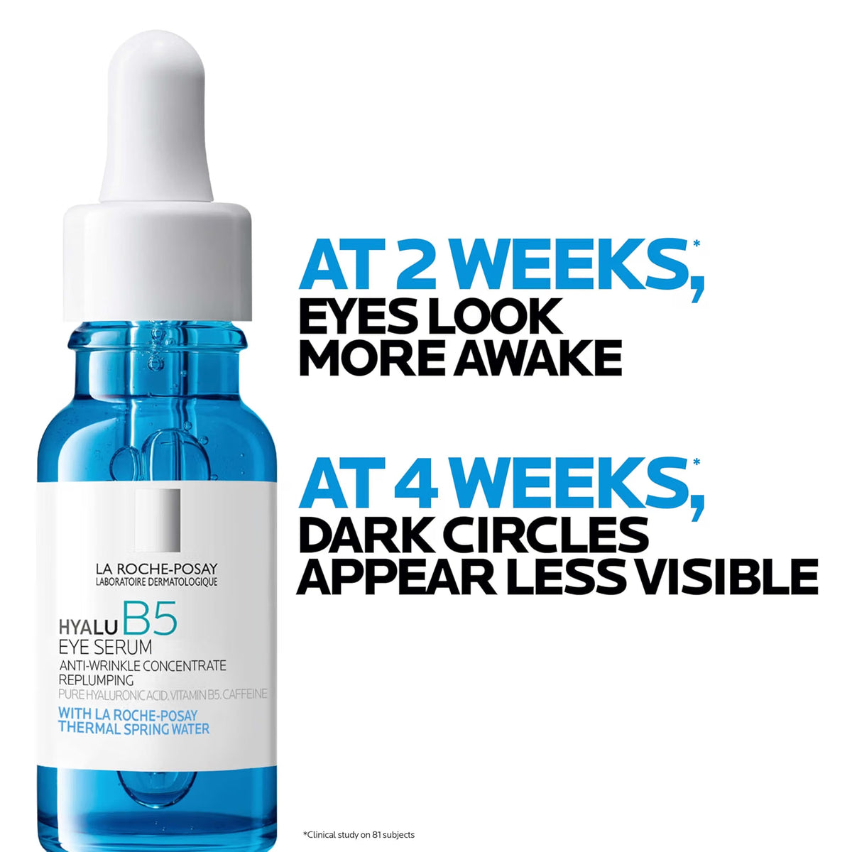 Blue eye serum bottle with text on a white background