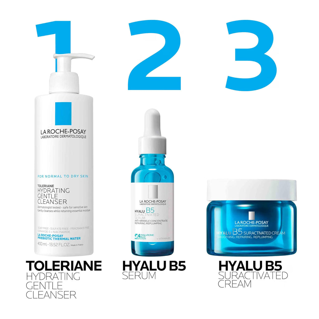 Three La Roche-Posay skincare products with labeled steps on a white background