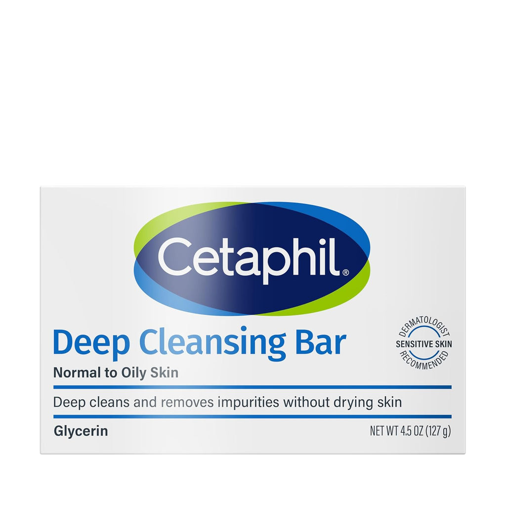 Cetaphil Deep Cleansing Bar packaging box for normal to oily skin, featuring a white background with blue and green branding and text.