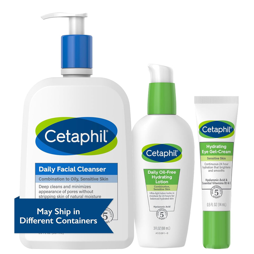 Cetaphil skincare products including cleanser, lotion, and eye gel-cream on a white background