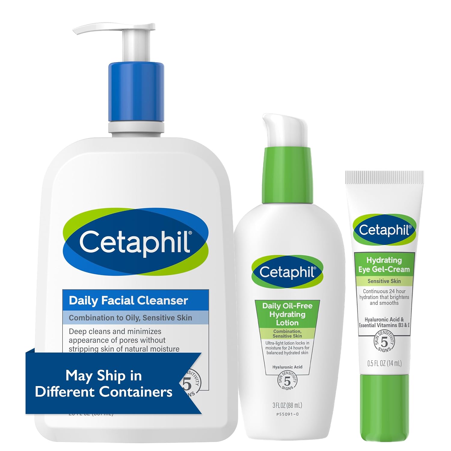 Cetaphil skincare products including cleanser, lotion, and eye gel-cream on a white background