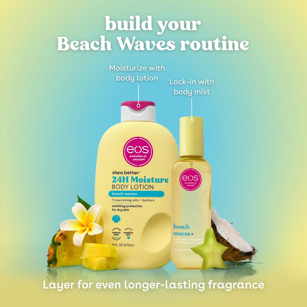 Two EOS Essentials body care products on a soft gradient background with tropical fruit and flower props. The larger bottle is beach waves body lotion, and the smaller bottle is beach waves body mist.